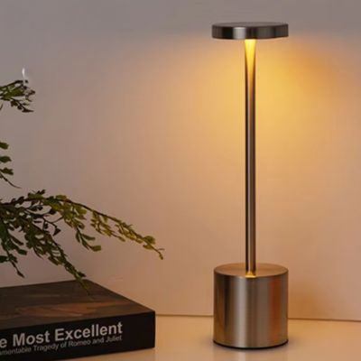lampe de chevet LED argentée allumée USB type c sur bureau un livre branches et feuilles vertes
