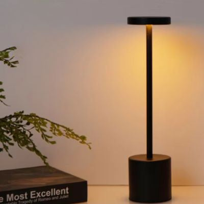lampe de chevet led noire mate allumée USB type c sur bureau un livre branches et feuilles vertes