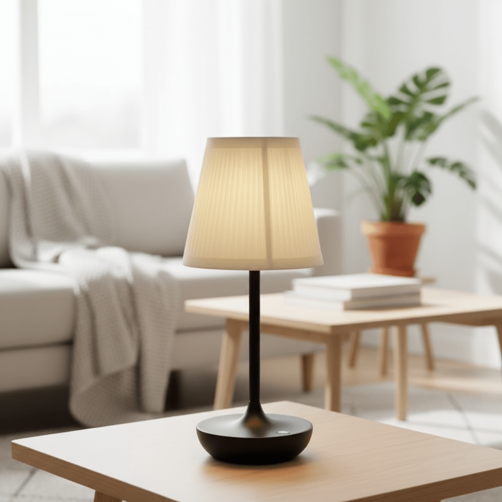 lampe de chevet LED tricolore noire dans salon blanc beige style nordique