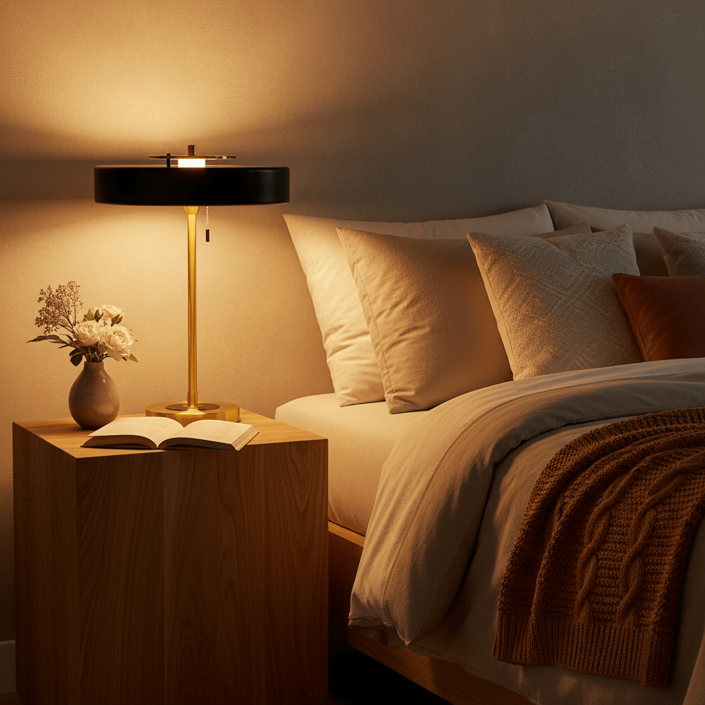 lampe de chevet noire et dorée art deco allumée sur cube en bois un livre un lit des coussins