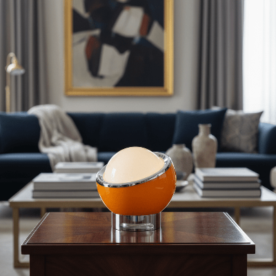 lampe de chevet orange moderne style Bauhaus lumière LED acier inox et verre sur table basse carrée 