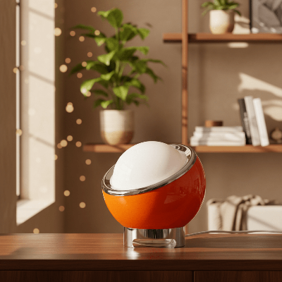 lampe de chevet orange moderne style Bauhaus led acier inoxydable et verre éteinte près fenêtre ensoleillée