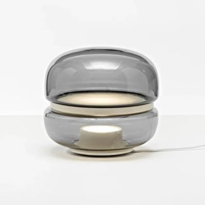 lampe de table art déco macaron compacte en verre fumé translucide et albâtre