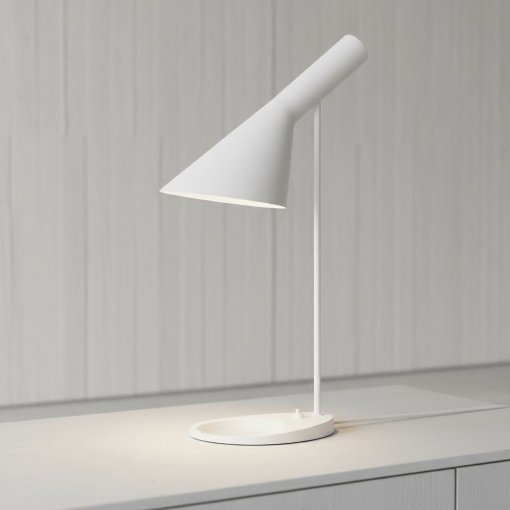 lampe de table blanche nordique danoise tête orientable minimaliste mid-century sur commode blanche et mur blanc