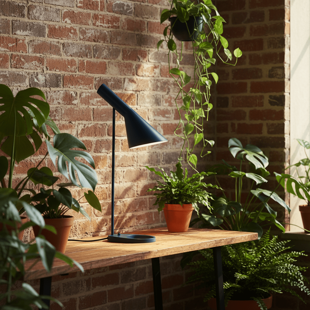 lampe de table bleue marine nordique danoise bleue tête orientable minimaliste mid century sur étagère bois métal noire plantes vertes mr briques décor industriel bohème