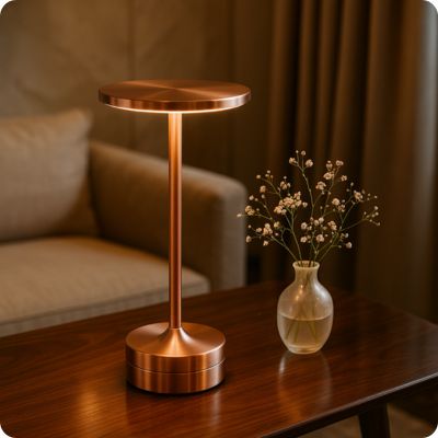 lampe de table cuivre rosé métal sans fil sur table de salon un bouquet de fleurs séchées derrière un canapé beige des rideaux plus foncés