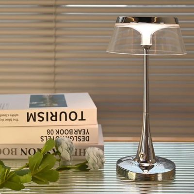 lampe de table tactile métal chrome et acrylique transparent rechargeable sans fil