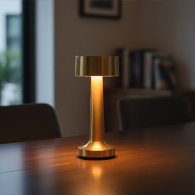 lampe de table abat-jour doré allumée sur table bois foncé 2 chaises couleur charcoal un meuble derrière et des livres