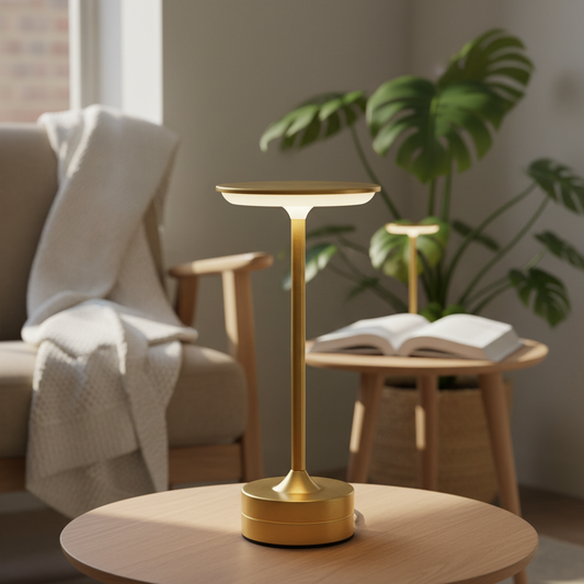 lampe de table dorée sans fil coin lecture scandinave
