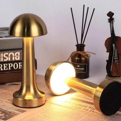 lampe de table allumée abat-jour champignon doré une sur son pied une tombée table décorée de livres diffuseur à bâtonnets violon miniature