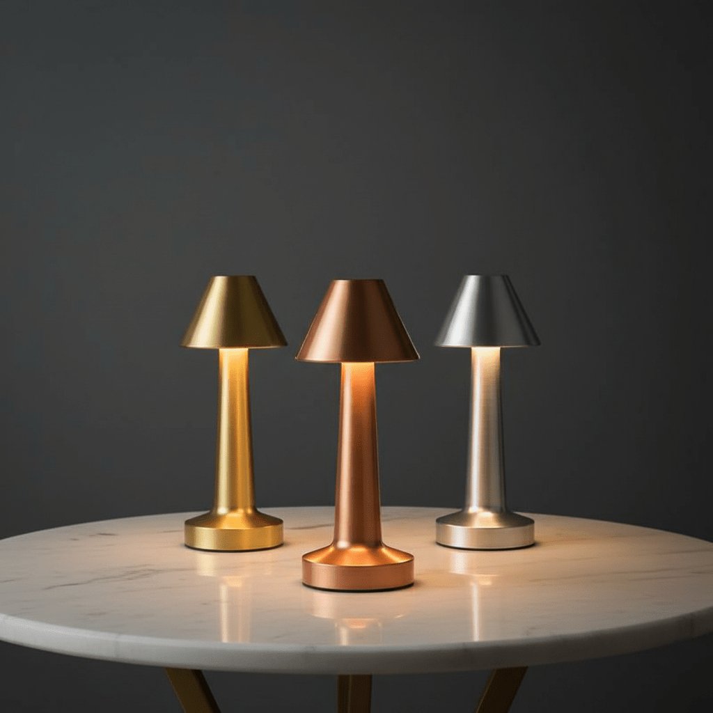 lampe de table abat-jour conique LED tactile portable rechargeable trois couleurs offertes sur table marbre blanc