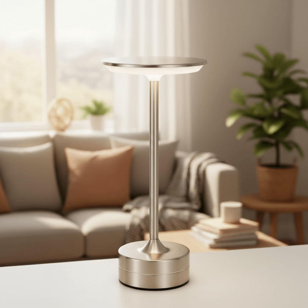 lampe de table LED sans fil argentée posée sur meuble blanc derrière un canapé gris clair une plante verte une grande fenêtre