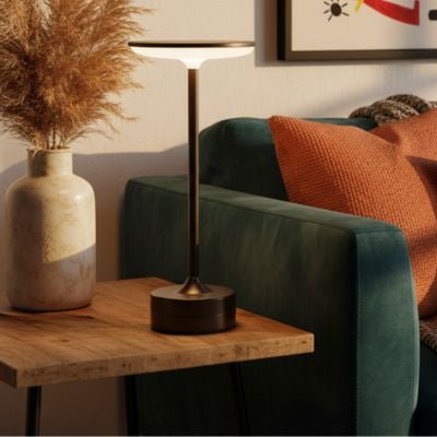 lampe de table LED sans fil noire salon style bohème moderne canapé vert un coussin terracotta fleurs séchées