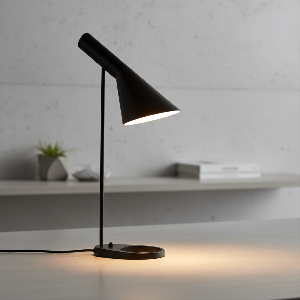 lampe de table nordique danoise noire allumée tête orientable minimaliste mid century table étagère mur blancs 