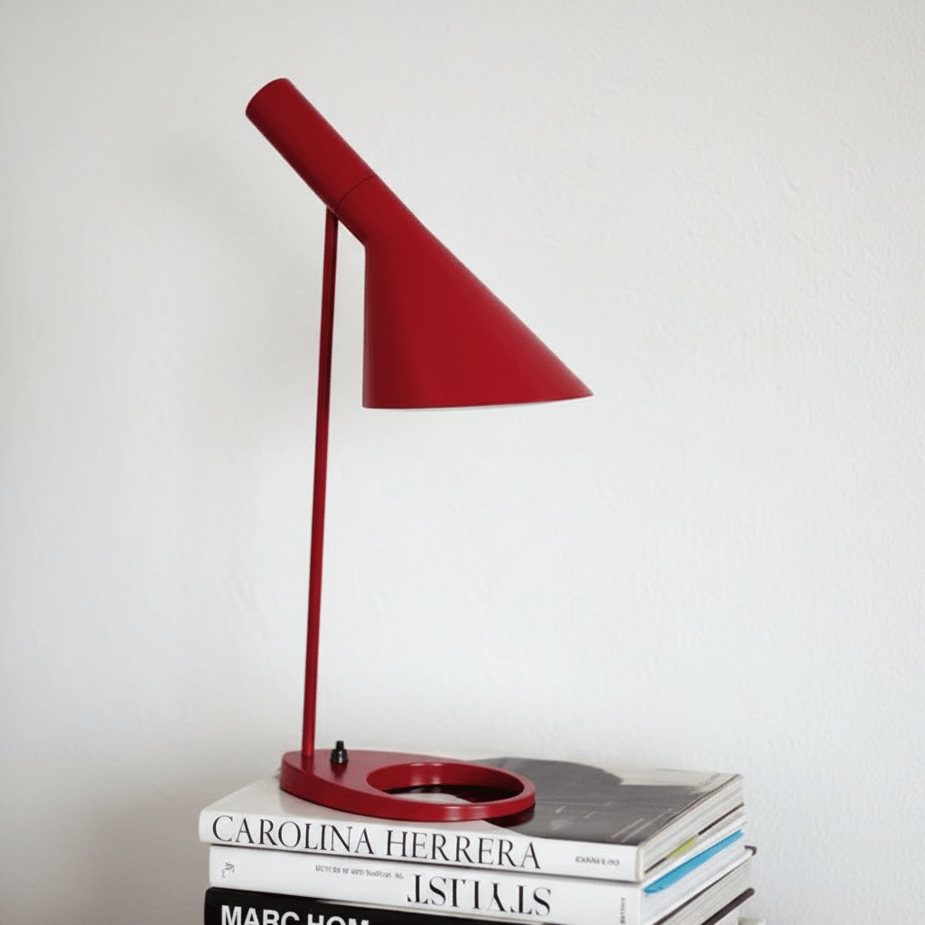 lampe de table rouge nordique danoise tête orientable minimaliste mid century sur pile de livres fond blanc