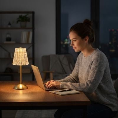 lampe de table sans fil rechargeable allumée jeune femme travaillant sur 
ordinateur grande fenêtre vue de la ville et ses lumières