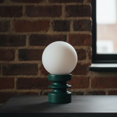 lampe de table verte éteinte LED en bois et verre dépoli posée sur une table noire mur brique dans décor industriel
