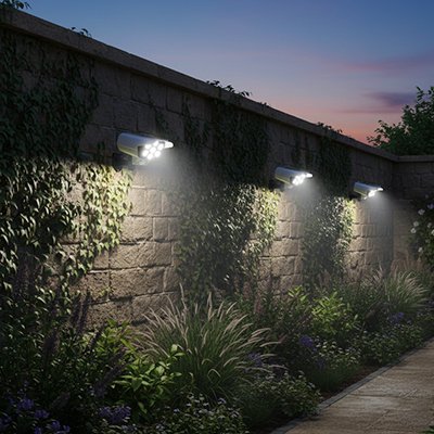 Lampe détecteur de mouvement LED blanche éclairage bidirectionnel mur pierre jardin crépuscule, ambiance architecturale t