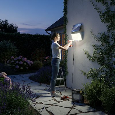 Femme installant lampe détecteur de mouvement mur maison enduit blanc crépuscule, allée dallée hortensias lavande jardin fleuri