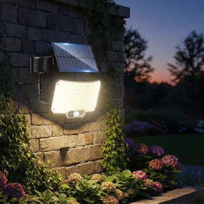 Lampe détecteur de mouvement panneau orientable fixé mur pierre crépuscule, hortensias roses lierre jardin