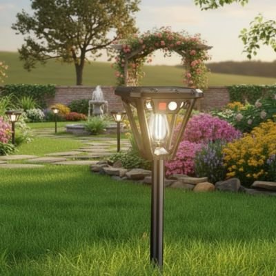 Lampe détecteur de mouvement style lampadaire plantée pelouse dans grand jardin fleurs fontaine arbustes
