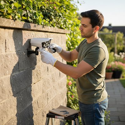 Lampe détecteur de mouvement Installation facile sur mur béton, homme fixant luminaire bidirectionnel jardin terrasse