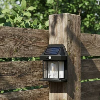 Lampe extérieur détecteur de mouvementstyle lanterne avec panneau solaire et détecteur mouvement posée sur barrière bois jardin, feuillage vert