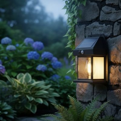 Lampe extérieur détecteur de mouvement Lampe extérieur LED noire style lanterne sur mur pierre jardin ensoleillé, fleurs rouges oranges
