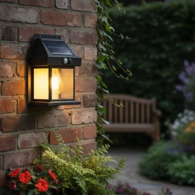 Lampe extérieur détecteur de mouvement style lanterne sur mur brique façade maison fleurs rouge au crépuscule 