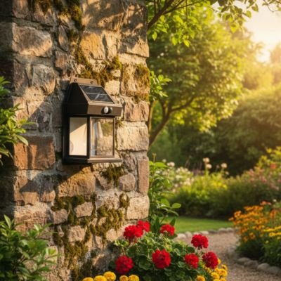 Lampe extérieur détecteur de mouvement style lanterne avec panneau solaire et détecteur mouvement posée sur barrière bois jardin, feuillage vert.