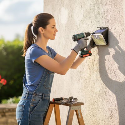 Lampe solaire detecteur de mouvement femme installant applique LED solaire sur mur extérieur avec perceuse, installation facile éclairage jardin DIY