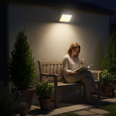 Lampe solaire détecteur de mouvement applique LED extérieure éclairant coin lecture sur terrasse la nuit, femme lisant sur banc en bois entouré de plantes