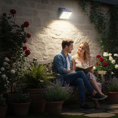 Lampe solaire detecteur de mouvement applique LED solaire éclairant terrasse romantique la nuit, couple sur banc entouré de roses et plantes, ambiance jardin