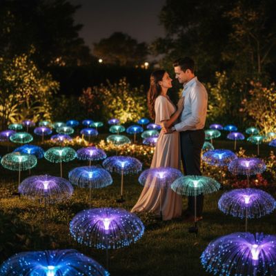 Lampe solaire extérieur méduse fibre optique un couple amoureux se regarde parmi une multitude de méduses lumineuses
