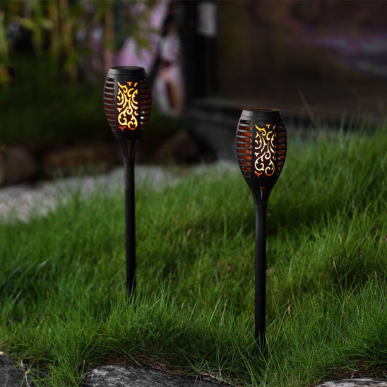 Lampe solaire exterieur torches solaires LED effet flamme dorée duo piquet pelouse jardin nuit ambiance tamisée