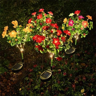 Lampe solaire extérieur décoratives fleurs rouges jaunes roses illuminées LED plantées dans jardin nocturne