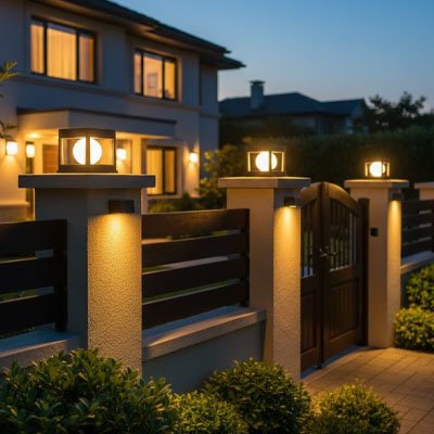 Lampe solaire exterieur installée sur les piliers d'un portail et d'une clôture moderne