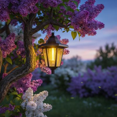 Lampe solaire exterieur lanterne accrochée à lilas en fleurs ambiance poétique