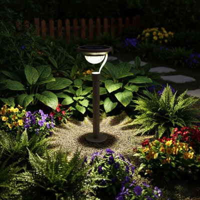 Lampe solaire exterieur entourée de fleurs dans jardin coloré