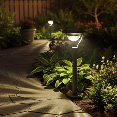 Lampe solaire exterieur moderne passage pierre platebande feuillage