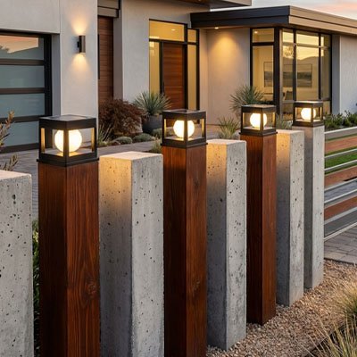 Lampe solaire exterieur installée sur des colonnes architecturales modernes à l'entrée d'une maison contemporaine