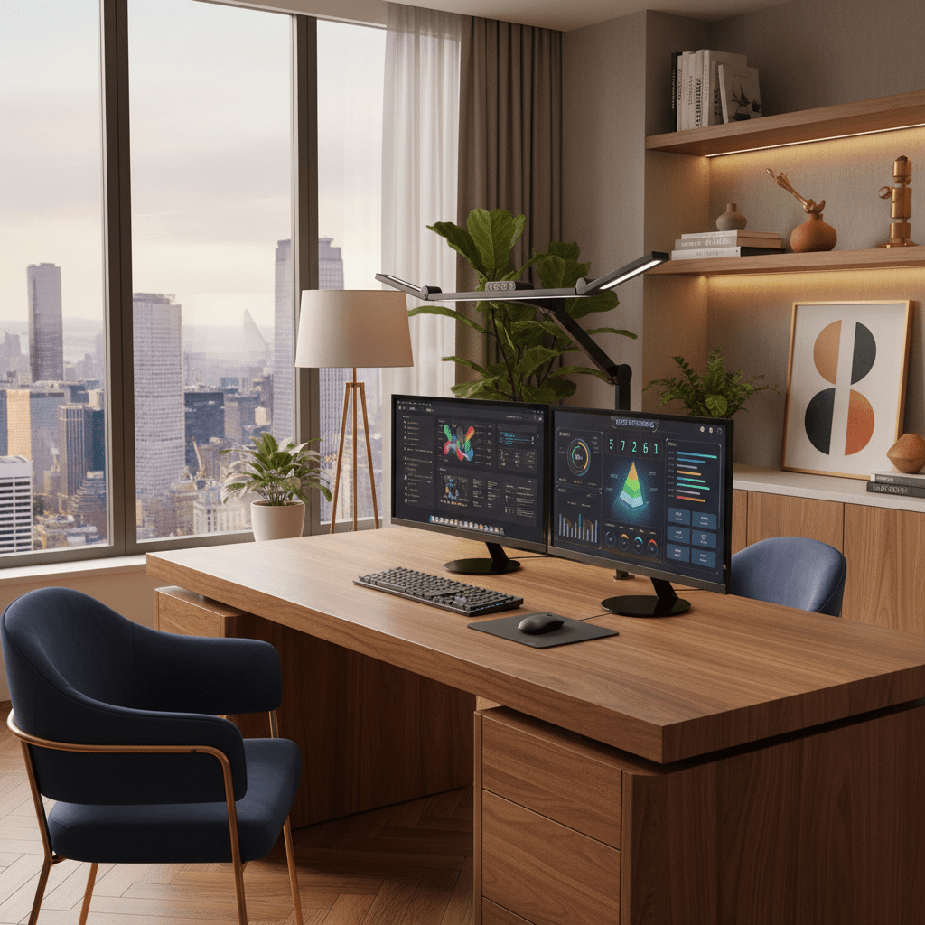 Lampe de bureau moniteur noire avec angle rotation 45 degrés sur bureau bois avec clavier documents horloge bleue plante et tableau paysage