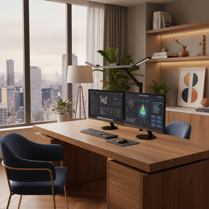 Lampe de bureau moniteur noire avec angle rotation 45 degrés sur bureau bois avec clavier documents horloge bleue plante et tableau paysage