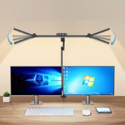 lampes de bureau moniteur noire rotation 180 degrés éclairant double écran Windows sur bureau bois avec clavier blanc souris smartphone et plante