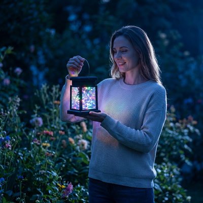 Femme souriante tenant lanterne solaire extérieur décorative LED multicolore dans jardin fleuri au crépuscule, lifestyle 