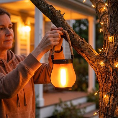  Femme accrochant lanterne extérieur solaire effet flamme ambre à branche arbre au crépuscule, guirlandes lumineuses maison bois au fond