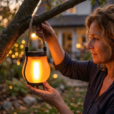 Femme tenant lanterne extérieur solaire effet flamme orange allumée suspendue arbre au crépuscule, jardin maison guirlandes lumineuse
