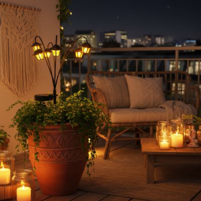 Lanterne exterieur solaire La Veillée lumière chaude dans pot plantes donnant une ambiance magique à un balcon bohème en ville