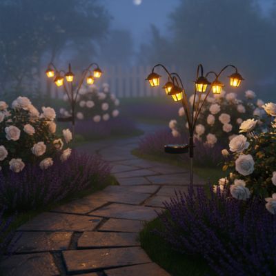 Lanterne exterieur solaire chaque côté passage en pierre jardin de fleurs nuit ambiance romantique