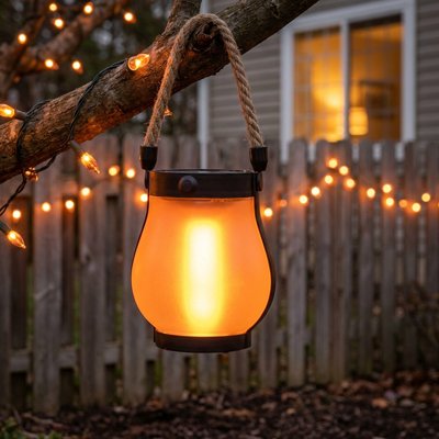 Lanterne extérieur solaire effet flamme orange allumée anse corde suspendue branche nuit, guirlandes lumineuses clôture bois fond, ambiance festive